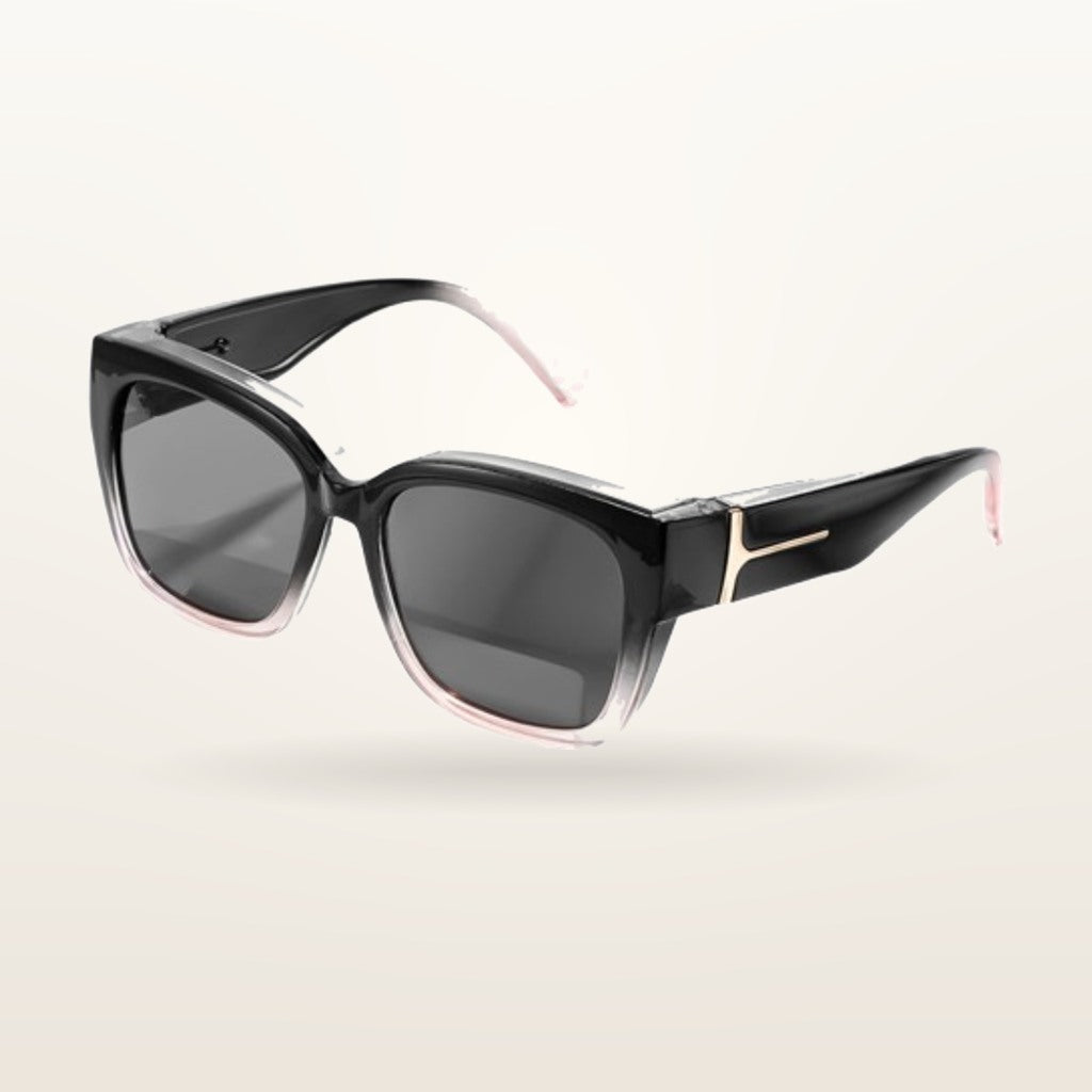 SunFit Ladies fit-over sunglasses, Black and Pink Cross, studio shot on an off-white background