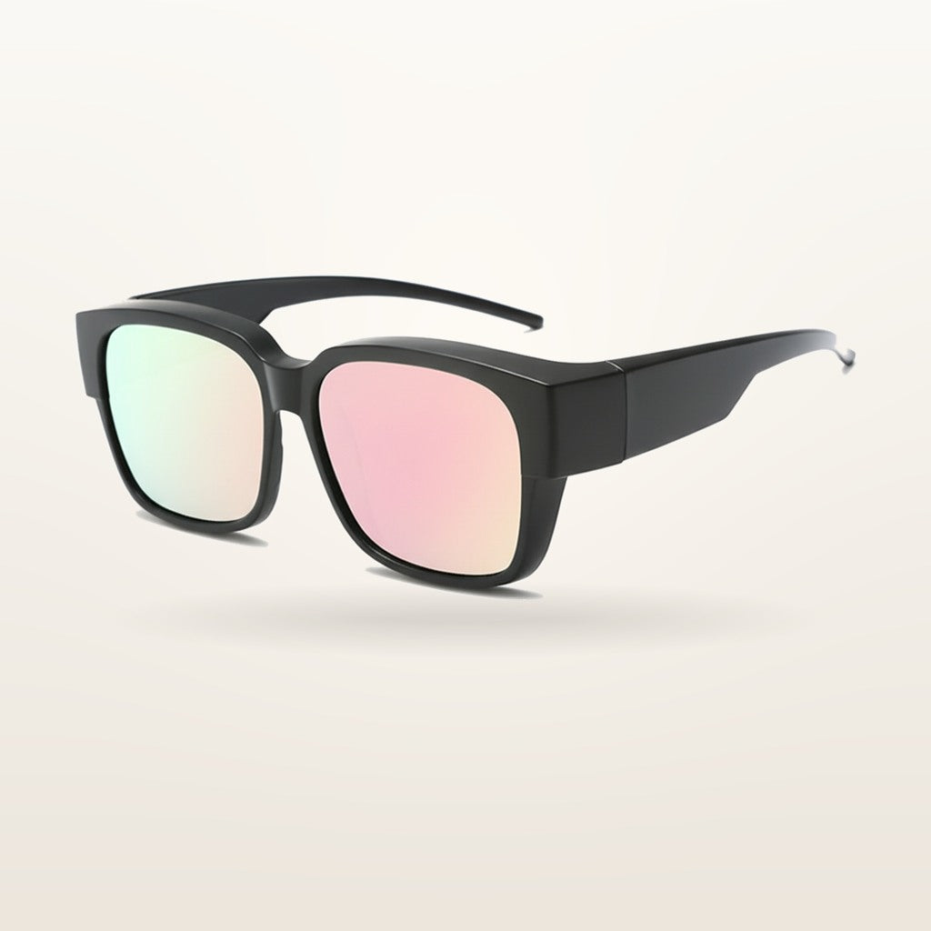 SunFit Ladies fit-over sunglasses, Black and Pink Mirror Classic, studio shot on an off-white background