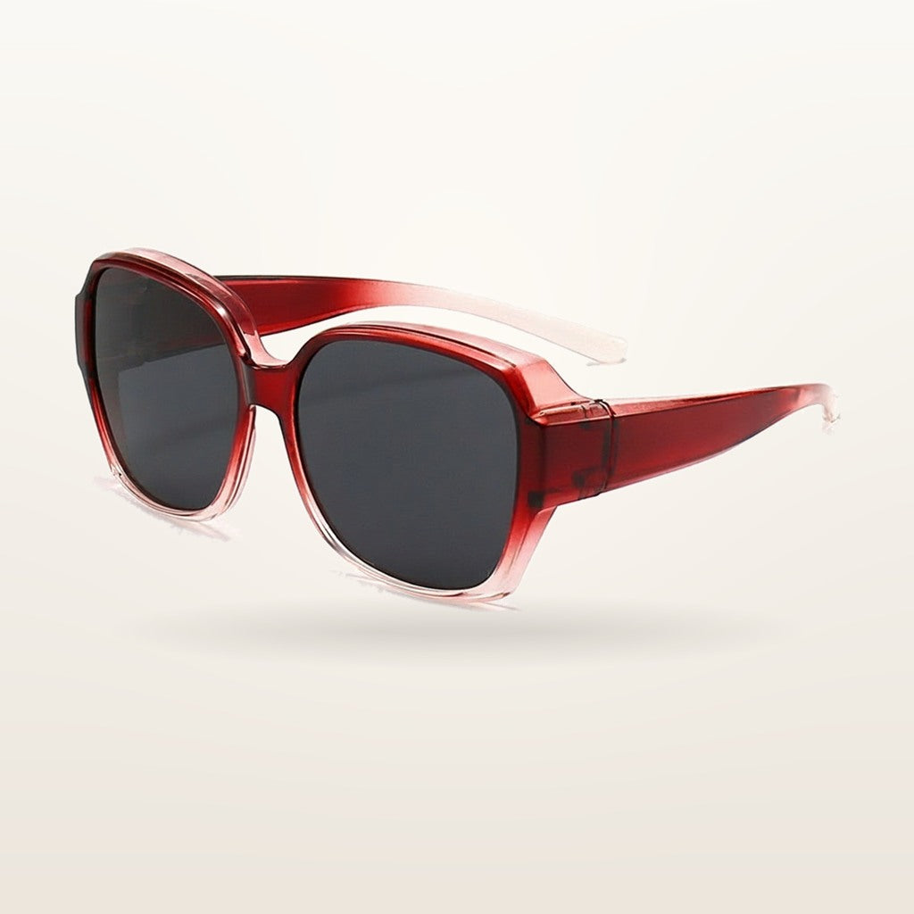 SunFit Ladies fit-over sunglasses, Burgundy Luna, studio shot on an off-white background