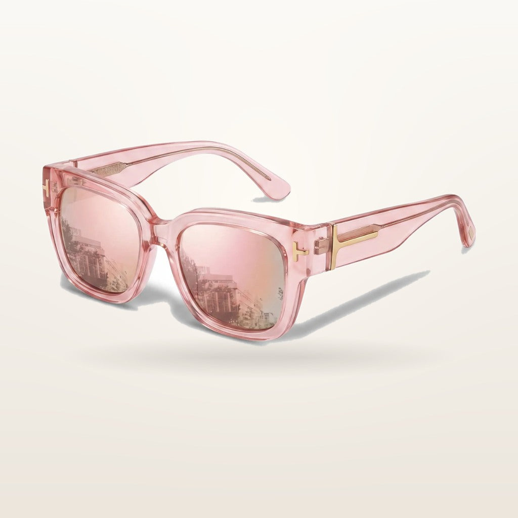 SunFit Ladies fit-over sunglasses, Light Pink Mirror Cross, studio shot on an off-white background