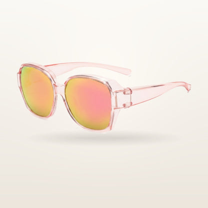 SunFit Ladies fit-over sunglasses, Light Pink Mirror XL, studio shot on an off-white background