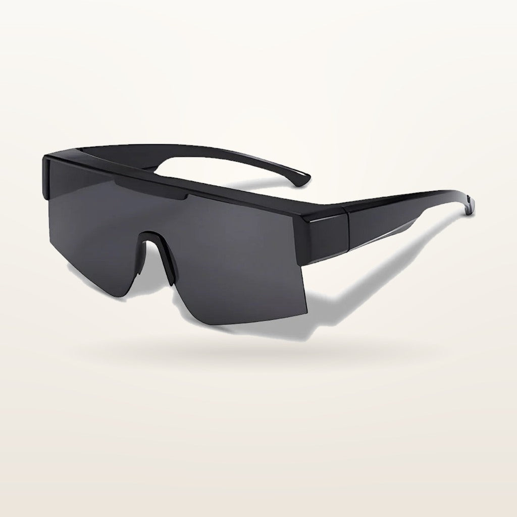 SunFit Men Jet shield fit-over sunglasses in black, studio shot on an off-white background
