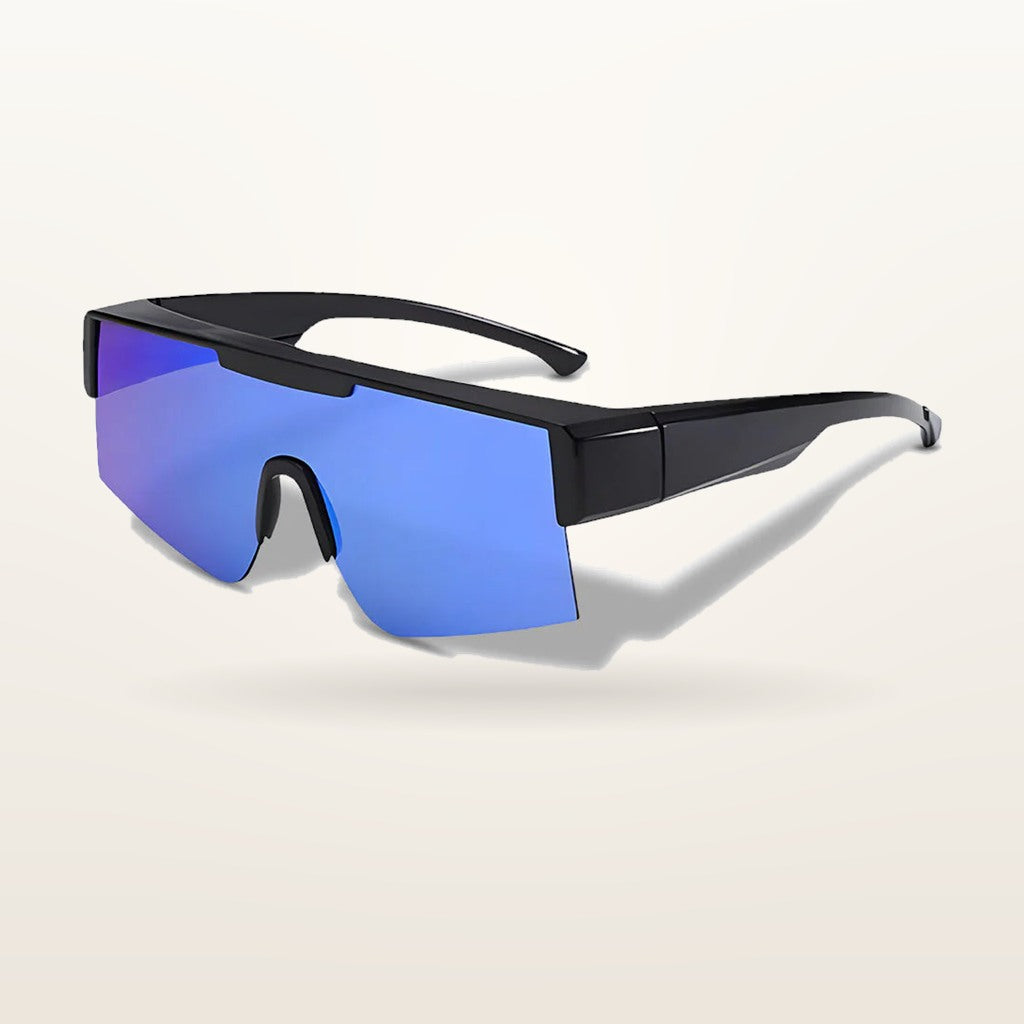 SunFit Men Jet shield fit-over sunglasses in blue mirror, studio shot on an off-white background