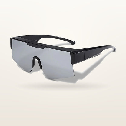 SunFit Men Jet shield fit-over sunglasses with silver mirror lenses, studio shot on an off-white background
