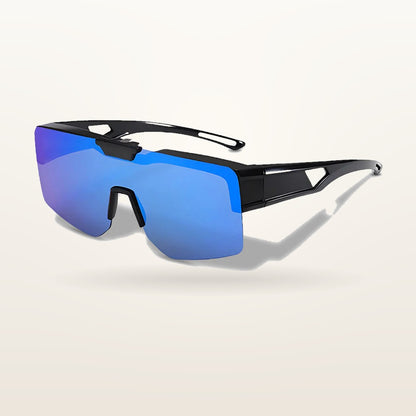 SunFit Men Jet Plus shield fit-over sunglasses in black with blue mirror lenses, studio shot on an off-white background