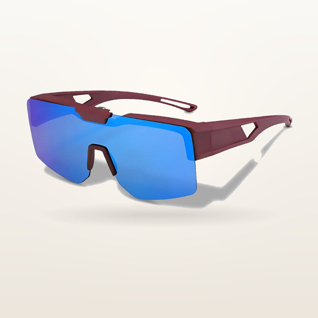 SunFit Men Jet Plus shield fit-over sunglasses in burgundy, studio shot on an off-white background
