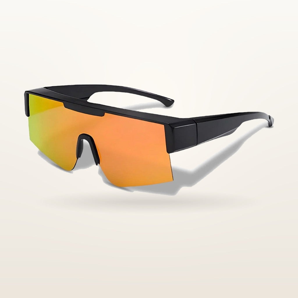 SunFit Men Jet shield fit-over sunglasses with orange sun mirror lenses, studio shot on an off-white background