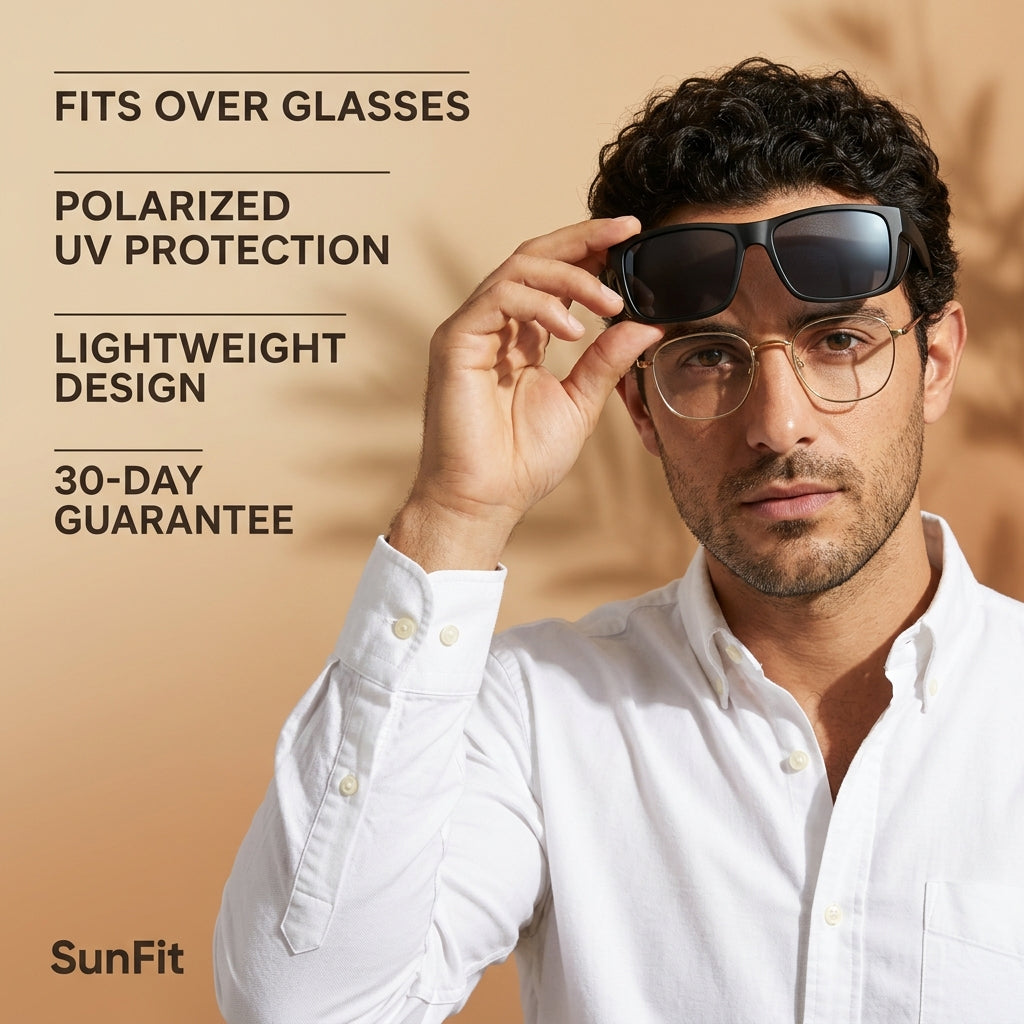 Man wearing gold-rimmed prescription glasses lifting a pair of black SunFit fit-over polarized sunglasses above them. Fits over glasses, polarized UV protection, lightweight design, 30-day guarantee.