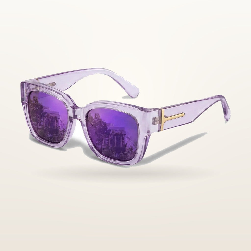 SunFit Ladies fit-over sunglasses, Purple Mirror Cross, studio shot on an off-white background