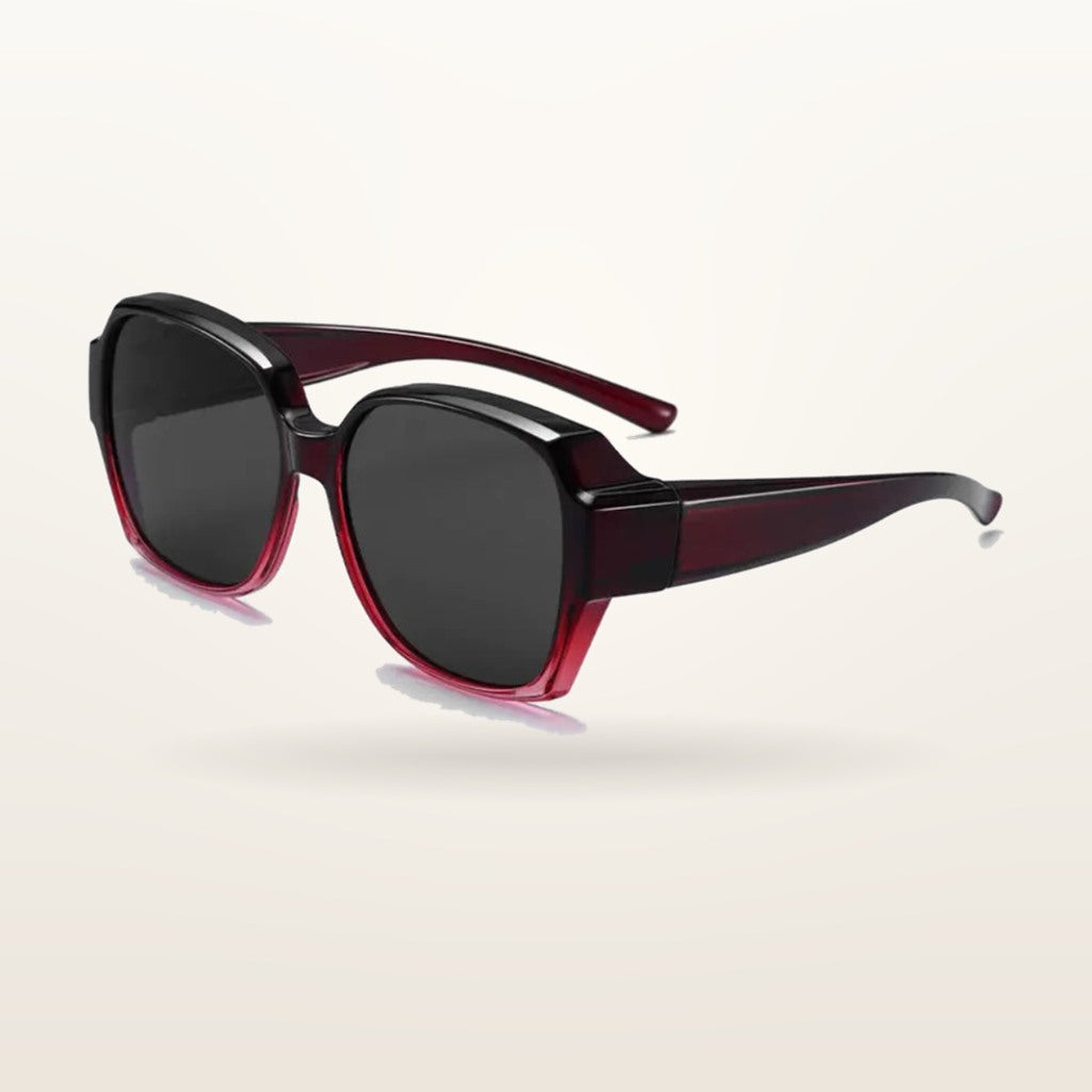 SunFit Ladies fit-over sunglasses, Red and Black Luna, studio shot on an off-white background