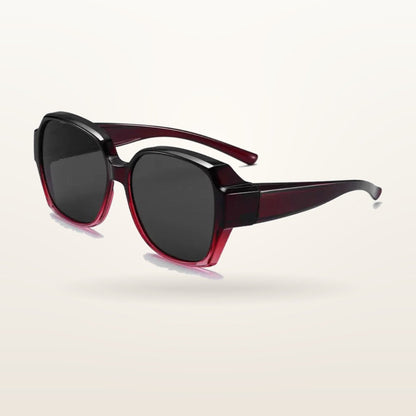 SunFit Ladies fit-over sunglasses, Red and Black Luna, studio shot on an off-white background