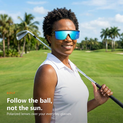 Golfer on the fairway wearing SunFit Sport Jet Blue over her glasses
