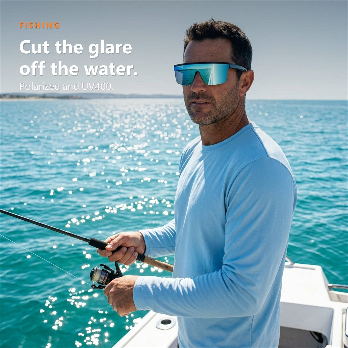 Man fishing from a boat wearing polarized SunFit Sport Jet Blue over his glasses
