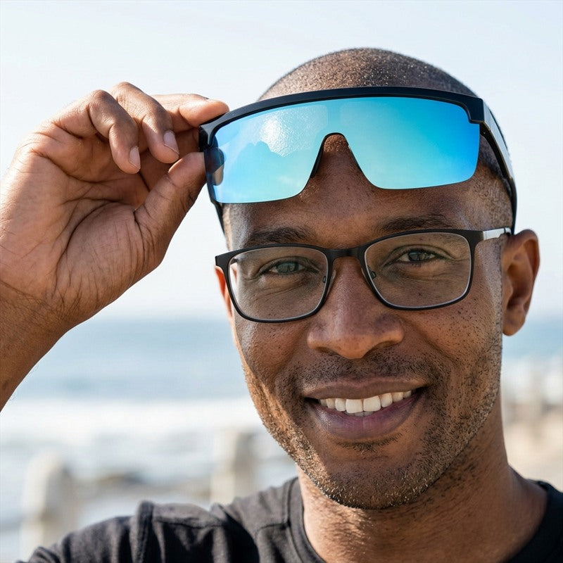 SunFit Sport lifted above a pair of prescription glasses